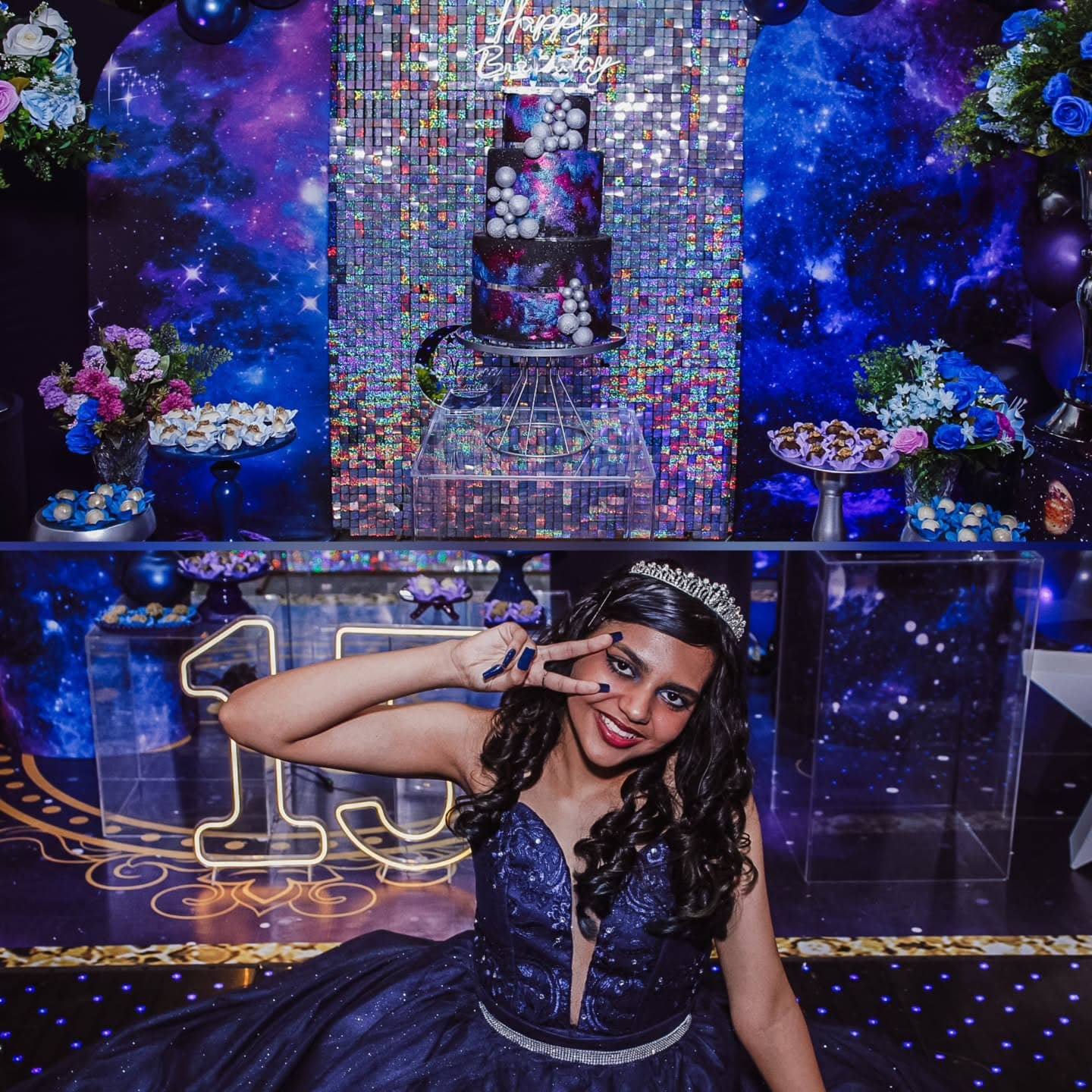 Mesa e decoração de 15 anos